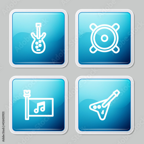 Set line Electric bass guitar, Stereo speaker, Music festival flag and icon. Vector