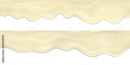 Vector set seamless border of realistic flowing down waves and drops of mayonnaise.Realistic vector collection dripping cream or sauce seamless horizontal texture.Texture for packaging design of