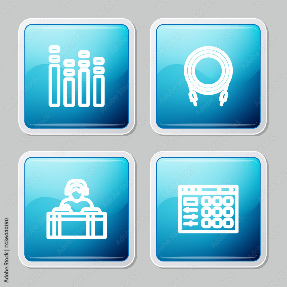 Set line Music equalizer, Audio jack, DJ playing music and Drum machine icon. Vector Set line Music equalizer, Audio jack, DJ playing music and Drum machine icon. Vector