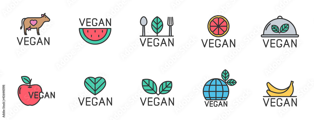 Vegan color logo design icon set. Vegan color filled line icons isolated on white background. Organic, healthy, non violent, vegan food vector icons for web, mobile app, ui design and print
