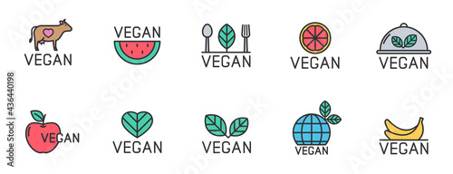 Vegan color logo design icon set. Vegan color filled line icons isolated on white background. Organic, healthy, non violent, vegan food vector icons for web, mobile app, ui design and print