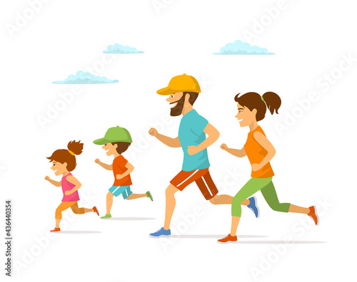cute cheerful cartoon family running jogging together isolated vector illustration outdoor exercising isolated scene