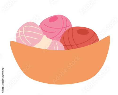 Basket with multi-colored balls of yarn. Skein of wool. Wicker Basket Full of Knitting Materials. Needlework, tools for sewing and knitting collection. Isolated vector illustration flat design.