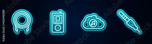 Set line Audio jack, Music player, streaming service and . Glowing neon icon. Vector