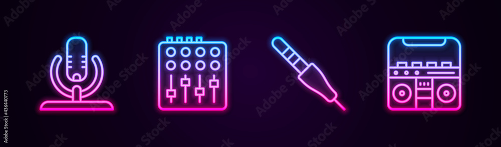 Set line Microphone, Sound mixer controller, Audio jack and Home stereo with speakers. Glowing neon icon. Vector Set line Microphone, Sound mixer controller, Audio jack and Home stereo with speakers. Glowing neon icon. Vector