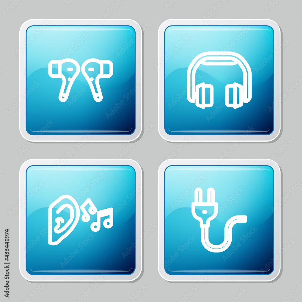 Set line Air headphones, Headphones, Ear listen sound signal and Electric plug icon. Vector