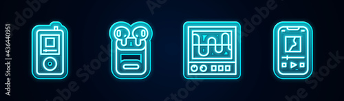 Set line Music player, Air headphones in box, Oscilloscope and . Glowing neon icon. Vector