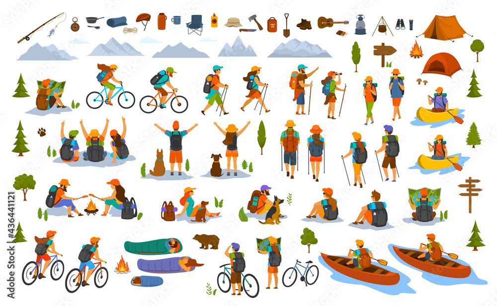 hiking trekking people. young man woman couple hikers travel outdoors with mountain bikes kayaks camping, search locations on map, sightseeing discover nature graphic, isolated vector scenes set
