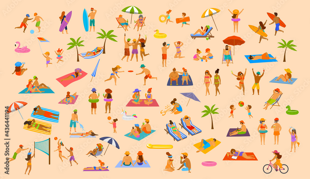 people on the beach fun graphic. man woman, couples kids, young and old enjoy summer vacation,relax,chill have fun, surfing, play dance lying on towels sun chairs sand, eat ice drink cocktails set