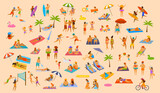 people on the beach fun graphic. man woman, couples kids, young and old enjoy summer vacation,relax,chill have fun, surfing, play dance lying on towels sun chairs sand, eat ice drink cocktails set