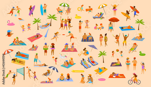 people on the beach fun graphic. man woman  couples kids  young and old enjoy summer vacation relax chill have fun  surfing  play dance lying on towels sun chairs sand  eat ice drink cocktails set