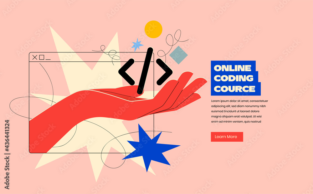 Online programing or coding or mobile app or website development course  banner design concept with hand coming out of browser silhouette and holding code in trendy bright colors. Vector illustration