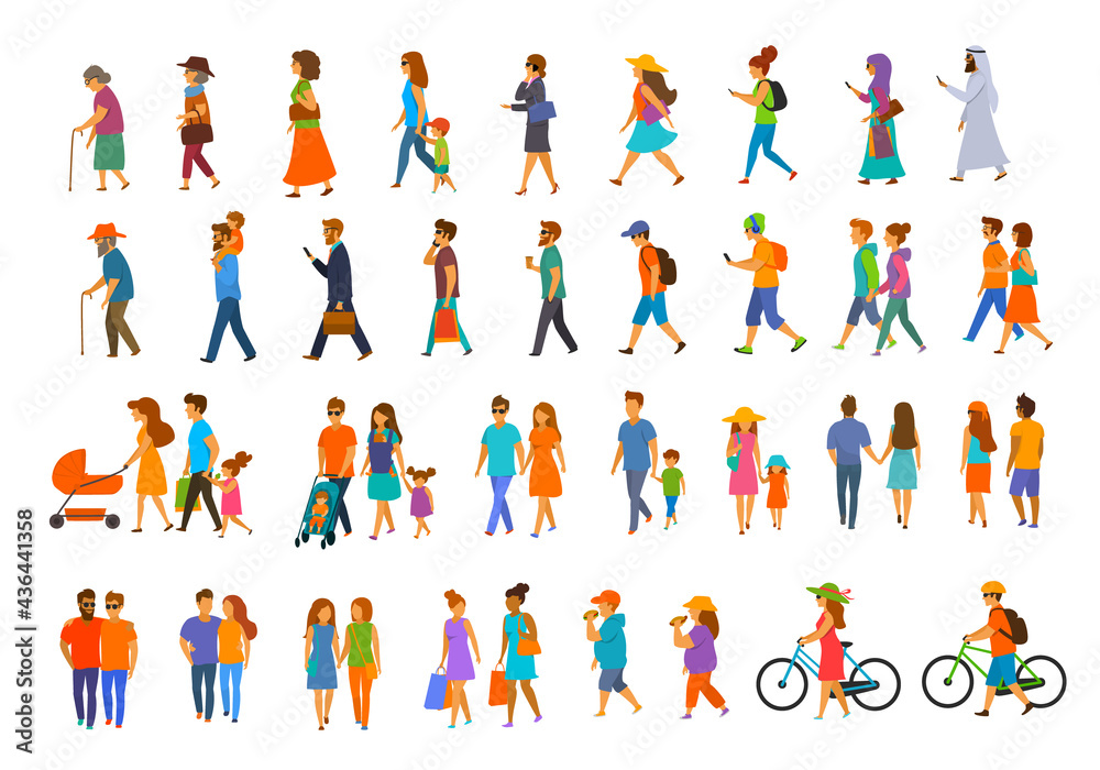 graphic collection of people walking.family couples,parents, man and woman different age generation walk with bikes,smartphones, coffee,eat,texting,talking, side back and front views isolated vector 