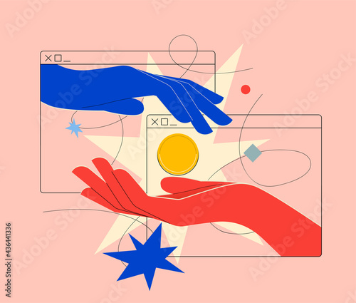 Online payment on online money or cryptocurrency transfer or currency exchange concept with two hands coming out of browser pass each other a golden coin. Minimalistic vector illustration photo
