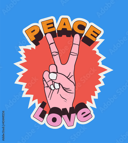Peace Love vintage comic styled label or sticker or poster or t-shirt design template with peace hand gesture in bright colors. Isolated on blue background. Vector illustration
