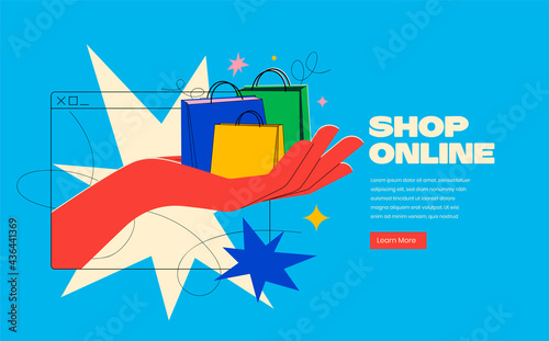 Shop online or delivery service banner concept in bright trendy colors with hand gets out of the screen and hold shopping bags on blue background. Vector illustration