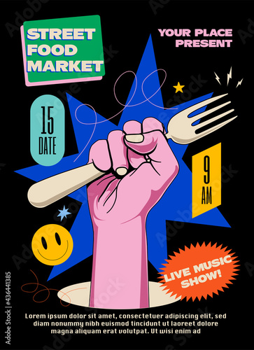 Street food market or festival or fair poster or banner or flyer creative design template with raised hand holding fork with bright elements on black background. Vector illustration
