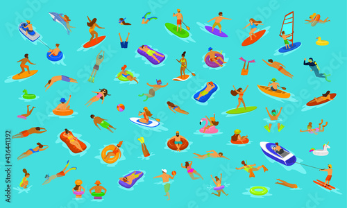 people man and woman, girls and boys swimming in floats mattress, diving into sea, water, pool or ocean. Summer beach vacations scenes constructor with fun cartoon humans collection 