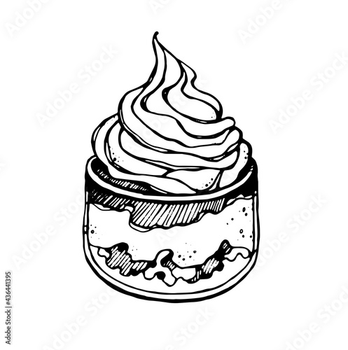dessert with cream in a glass, black vector drawn by a pen