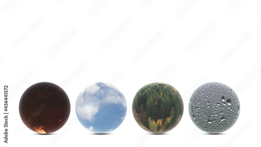 Fire, air, earth and water four elements spheres isolated on white animation background with copy space.