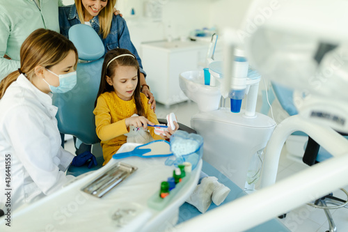 Oral hygienist with jaw model teaching patients to brush teeth properly to prevent caries.