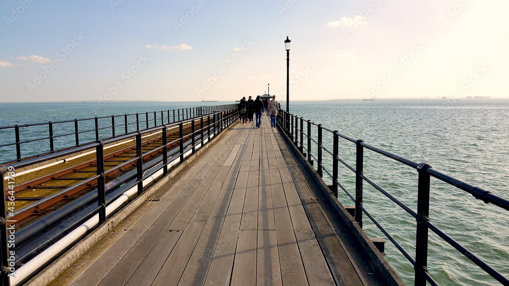 Southend-on-Sea, UK - March 15, 2019: Walking along the Pier at Southend on Sea.