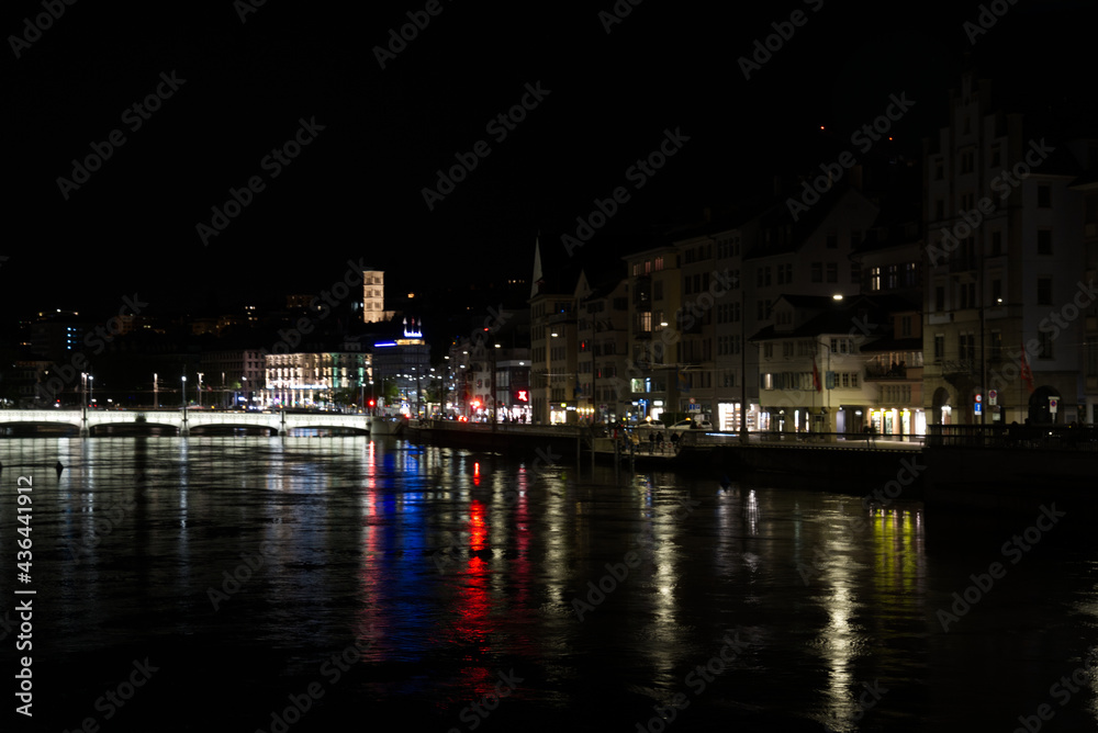 Old town of Zurich at night with river Limmant and promenade Limmatquai and Rudolf-Brun-Brücke (rudolf brun bridge). Photo taken May 29th, 2021, Zurich, Switzerland.
