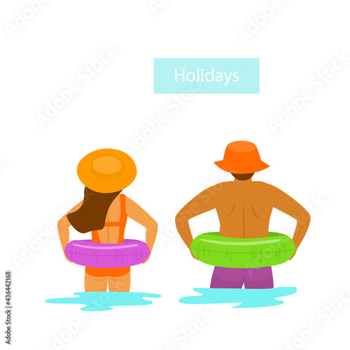 man and woman with floats backside view on vacation isolated vector illustration scene