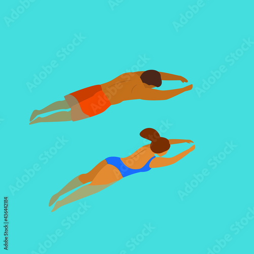 man and woman swimming diving in a pool backside from above view graphic