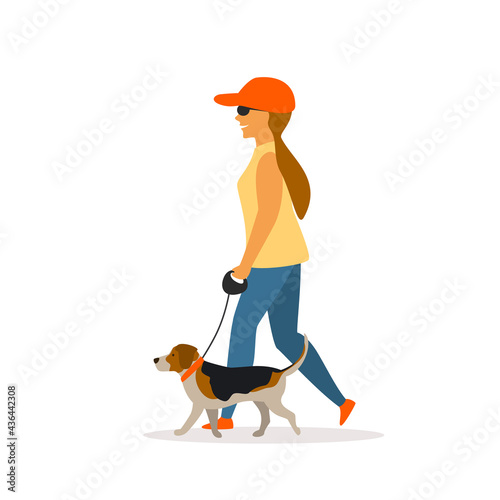 Girl walking with beagle  dog isolated vector graphic