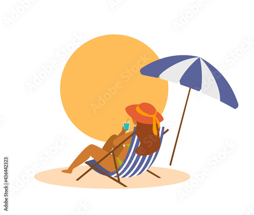 woman chilling on sunchair on the beach on vacation back view isolated cartoon vector graphic