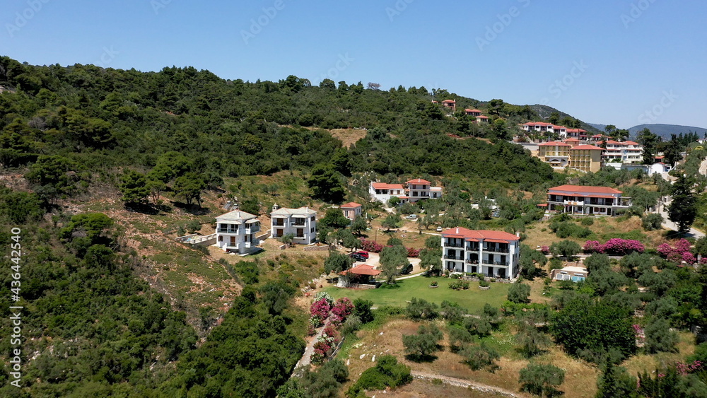 Aerial panoramic view over Stafylos town in the southern part of the Skopelos island, Sporades, Magnesia, Greece.