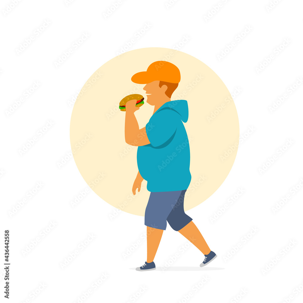 young overweight man eating fast food on the way graphic young overweight man eating fast food on the way graphic