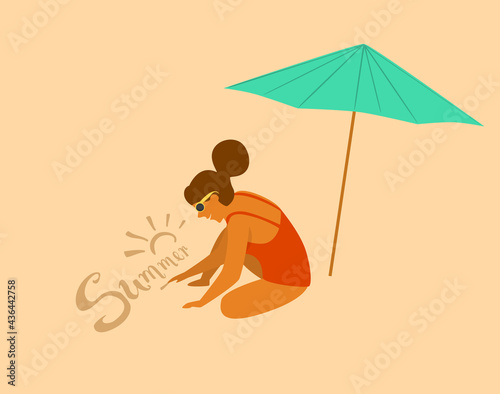 summer time girl on the beach drawing in the sand