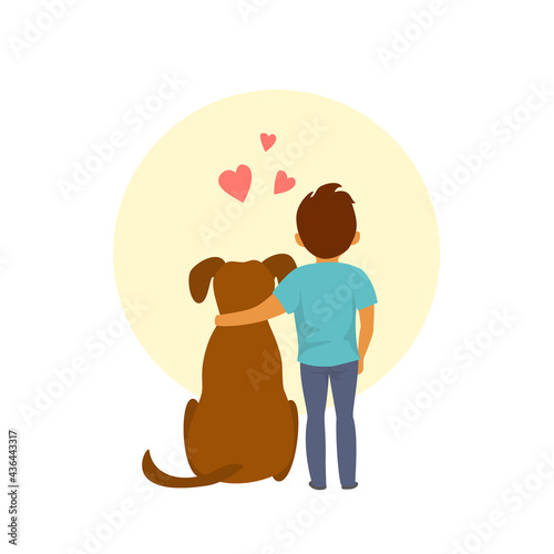 little boy and a dog hug cute vector illustration scene