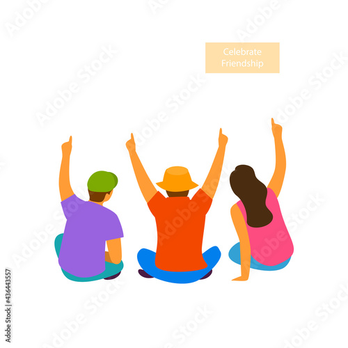 group of people friends sitting celebrating hands up backside view vector illustration scene