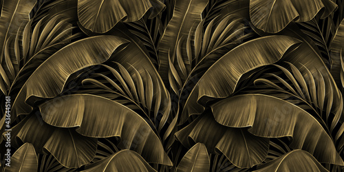 Tropical exotic seamless pattern. Grunge golden banana leaves, palm. Hand-drawn dark vintage 3D illustration. Nature abstract background design. Good for luxury wallpapers, cloth, fabric printing.