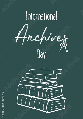 International Archives Day. Holiday concept. Template for background, banner, card, poster with text inscription. Vector white illustration on green background.