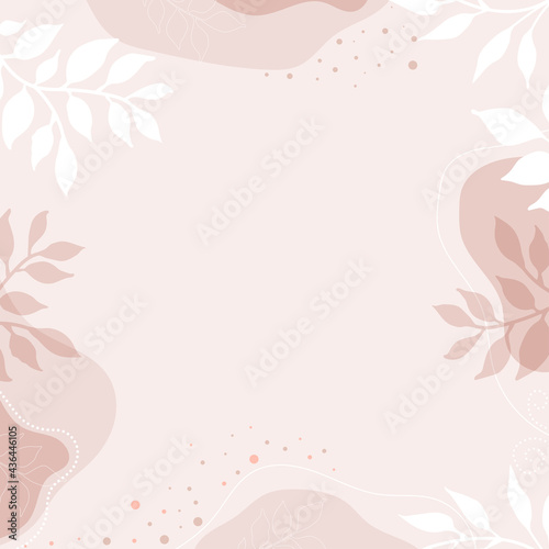 Modern background with shapes and leaves. Abstract art painting with pastel colors and hand draw line.
