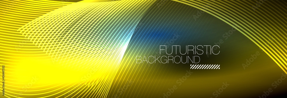 Abstract neon glowing light in the dark with waves. Shiny magic energy and motion concept, vector abstract wallpaper background Abstract neon glowing light in the dark with waves. Shiny magic energy and motion concept, vector abstract wallpaper background