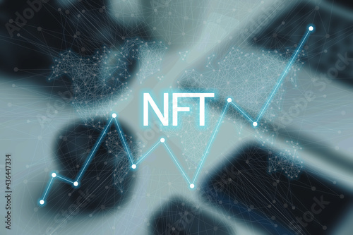 Concept cryptographic NFT. Blockchain network, cryptographic non-fungible tokens. NFT with a network and a growing schedule, search. New technologies, financial schedule, future concept