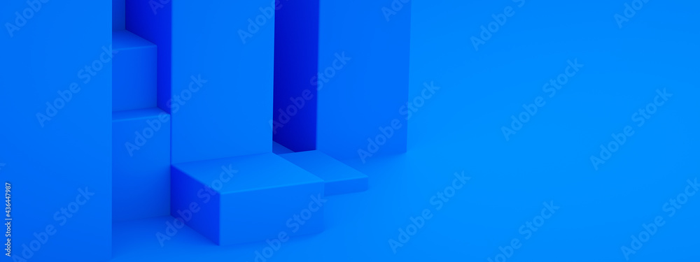 Fototapeta premium empty podium for product, blue geometric shapes, 3d rendering, panoramic mockup with space for text