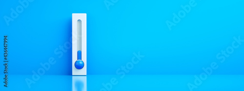 celsius and fahrenheit thermometer on blue background with low temperature, 3d rendering, concept of cold winter, panoramic layout photo