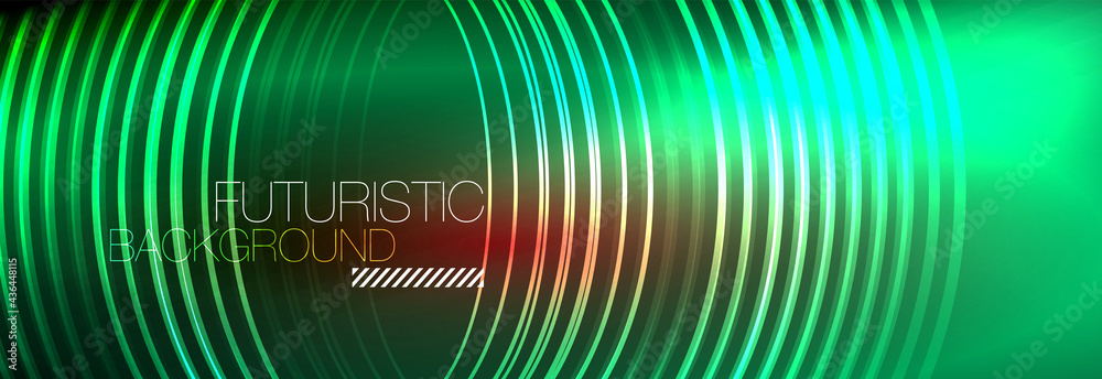 Dark abstract background with glowing neon circles. Trendy layout template for business or technology presentation, internet poster or web brochure cover, wallpaper