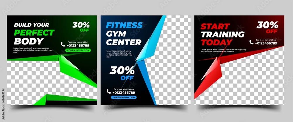 Social media post template for Gym promotion. Modern banner with green, blue, and red color frame photo. Usable for social media, signs, and websites.
