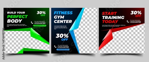 Social media post template for Gym promotion. Modern banner with green, blue, and red color frame photo. Usable for social media, signs, and websites.