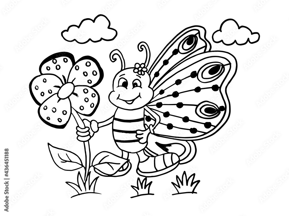 bee and flower coloring page,flower coloring page Stock Vector | Adobe