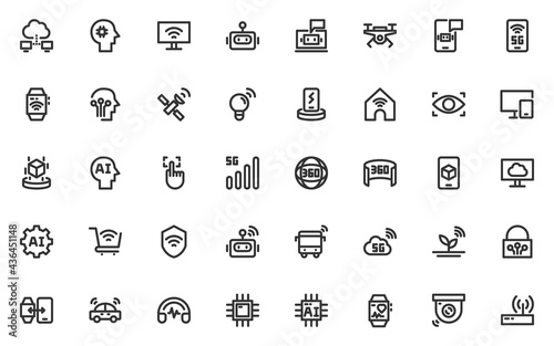 set of technology line icons, iot, ai, robot