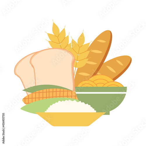 Carbohydrates food concept vector illustration on white background. Bread, rice, corn, noodles and wheat in flat design.
