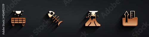 Set Solar energy panel, Dead fish, Volcano eruption with lava and Rise in water level icon with long shadow. Vector